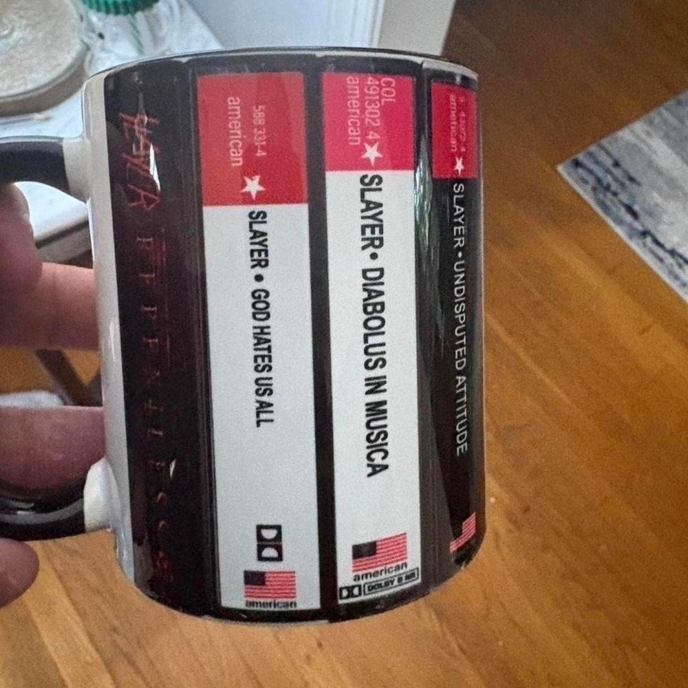 Slayer Band Cassette Tape Spines Coffee Mug Ceramic Black Red White Heavy Metal